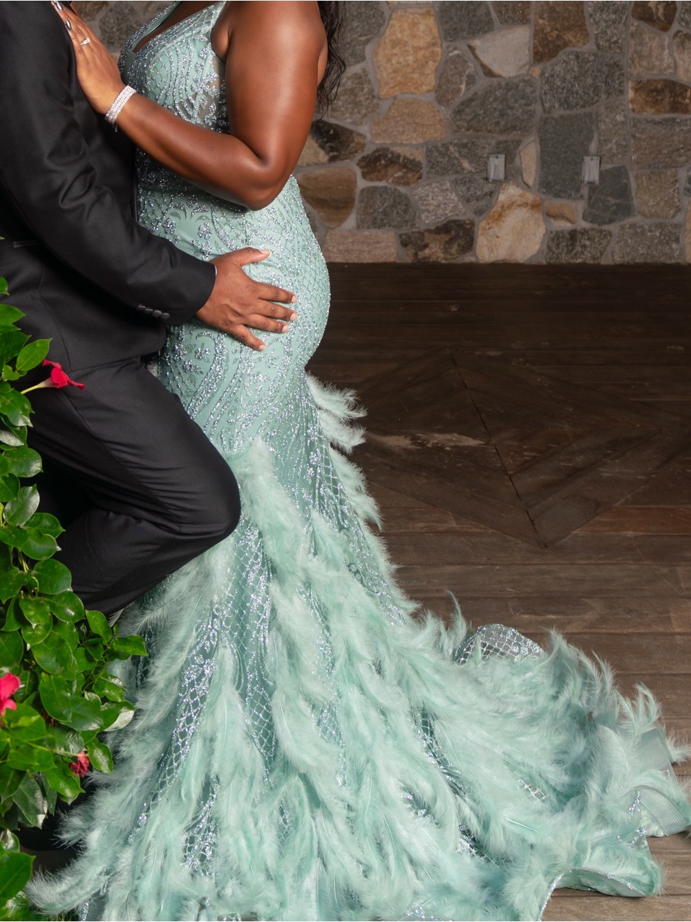 Feather-Trim Mint Prom Gown for Women